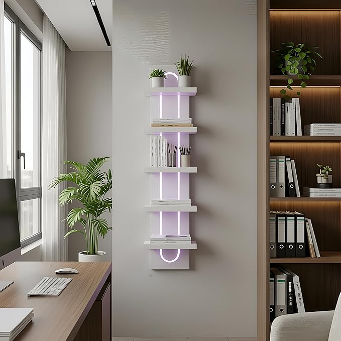 5 Tier Wall Shelf Unit with Light-Small Floating Shelves for Home Decor, Modern Unique Asymmetric Design for Bedroom & Living Room Storage