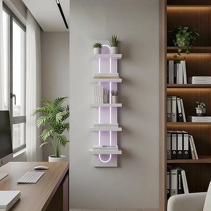 5 Tier Wall Shelf Unit with Light-Small Floating Shelves for Home Decor, Modern Unique Asymmetric Design for Bedroom & Living Room Storage