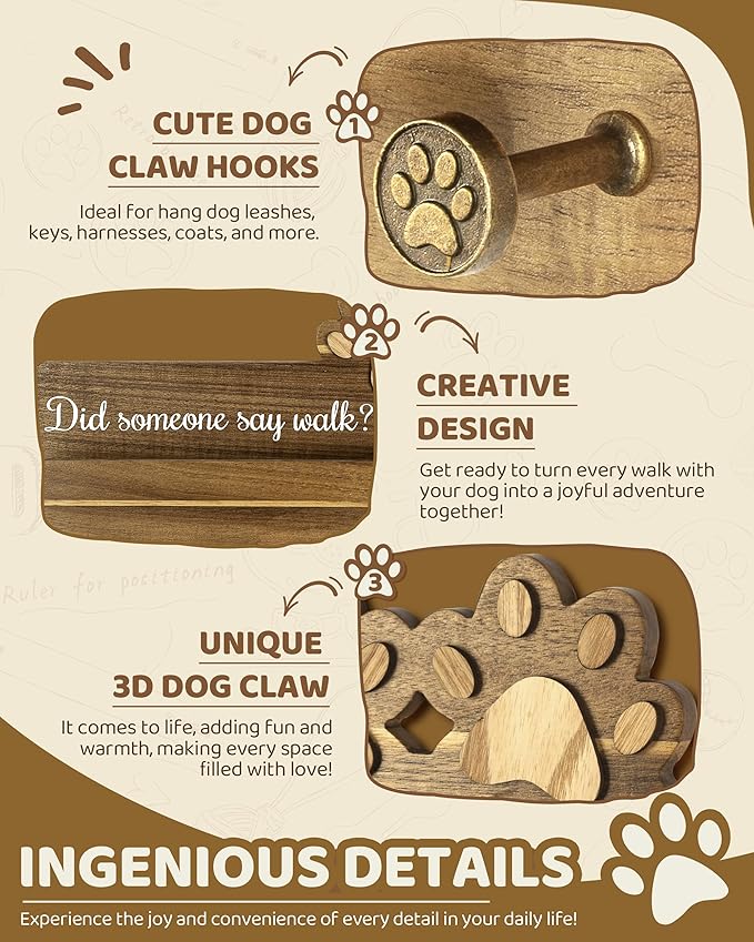 MTERSN Farmhouse Dog Leash Holder for Wall - Decorative Key Hooks Wall Mount with Paw Shape and 6 Unique 3D Hooks - Dog Lover for Home Decor (Acacia Wood)