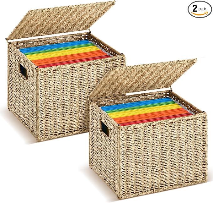 2 Pack Paper Rope File Box Organizers Collapsible Letter Size Filing Cabinet with Lid Woven Hanging File Basket Portable Decorative Document Storage Box for Office/Decor/Home (Letter Size)