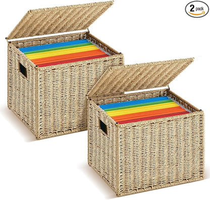 2 Pack Paper Rope File Box Organizers Collapsible Letter Size Filing Cabinet with Lid Woven Hanging File Basket Portable Decorative Document Storage Box for Office/Decor/Home (Letter Size)