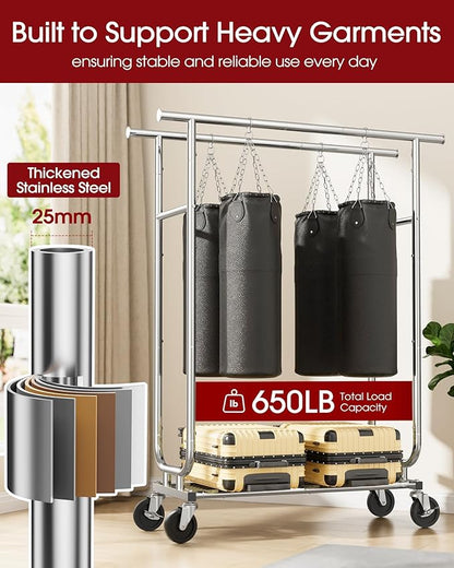 Stainless Steel Rolling Clothes Rack with Mesh Shelf, Lockable Wheels & Anti-Slip Stoppers, Freestanding Clothing Organizer for Bedroom, Laundry Room, 43.5" x 16.5" x 65.9", Silver