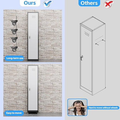 72" H Broom Closet Storage Cabinet, Metal Garage Storage Cabinet with Wheels, Pegboard, Locking Door and Hooks for Garage, Home, Utility Cleaning Cabinet for Broom and Mops, Black and White