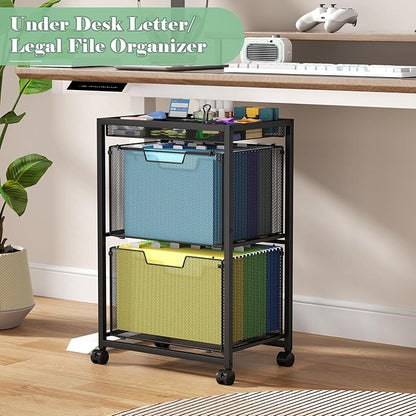 Rolling File Cart with 2 Drawers, Under Desk Storage Cabinet with DIY Divider, Letter/Legal Mobile Filling Cabinet on Wheels, Hanging File Folders Organizer, Metal Utility Cart for Home Office, Black