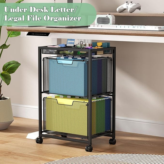 Rolling File Cart with 2 Drawers, Under Desk Storage Cabinet with DIY Divider, Letter/Legal Mobile Filling Cabinet on Wheels, Hanging File Folders Organizer, Metal Utility Cart for Home Office, Black
