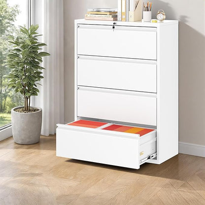 Bonusall File Cabinet, Lateral Filing Cabinet, 4 Drawer Metal File Cabinet with Lock, Lockable Filing Cabinet for Home Office, Hanging Files Letter/Legal/A4/F4 - White