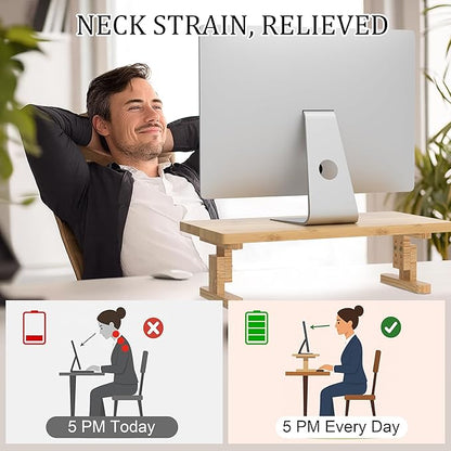 Bamboo Monitor Stand Riser for Desk, Height Adjustable Computer Riser & Laptop Stand, Ergonomic Desktop Organizer Shelf W/ Underneath Storage, Sturdy 100 lbs Capacity for Printer/TV/Home Office