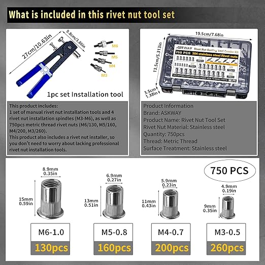 Stainless Steel Rivet Nut Tool Kit 750 Pcs 304 Stainless Steel Rivet Nut Combination, Suitable for Furniture, Decoration, Automotive, Marine and Industrial Applications