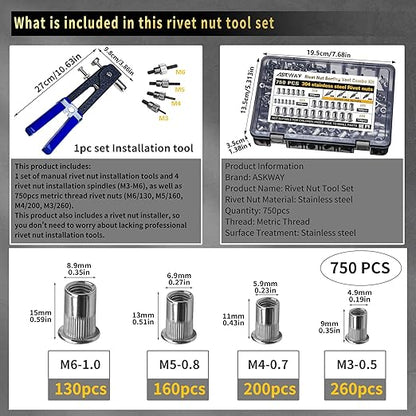 Stainless Steel Rivet Nut Tool Kit 750 Pcs 304 Stainless Steel Rivet Nut Combination, Suitable for Furniture, Decoration, Automotive, Marine and Industrial Applications