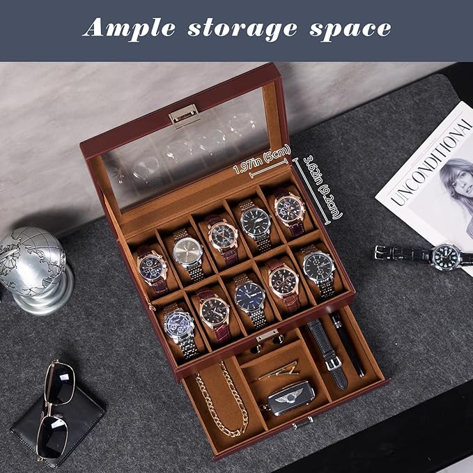 ProCase Watch Box, 10 Slot Watches Display Case with Drawer, Mens Watch Case with Glass Lid, 2-Layer Mens Jewelry Organizer Storage Holder, Birthday Valentine Gifts for Men -10 Slot, Espresso