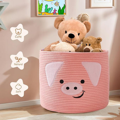 OMERAI Animal Baskets Cotton Rope Woven Storage Basket for Toys Blankets Laundry Nursery, Large Foldable Organizer with Cute Pig Design and Handles, 15"D x 12.6"H (Pink)
