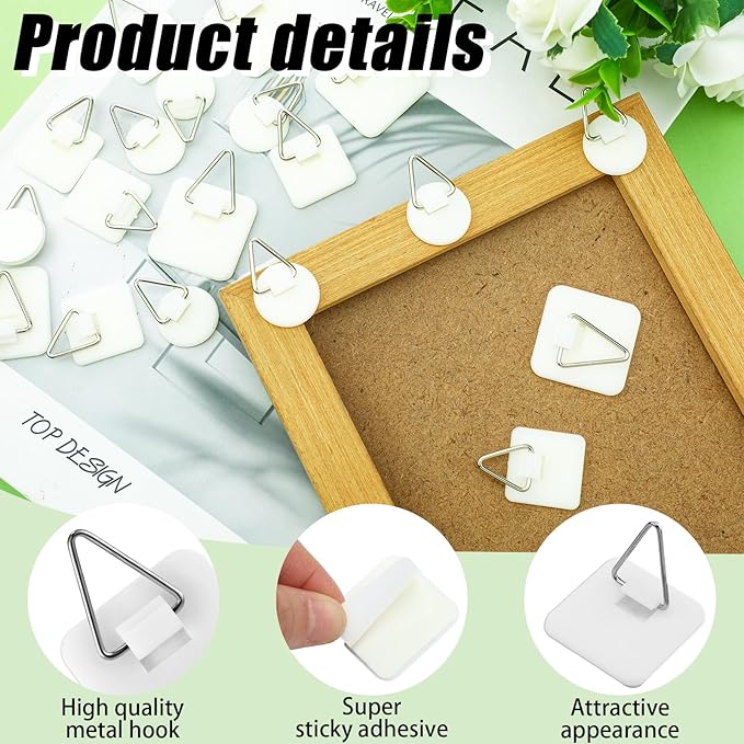 Wenqik 65 Pcs Adhesive Picture Hanger Foamboard Picture Hanging Hooks Without Nails Plastic Sticky Photo Hooks for Home Wall Art Photo Frame Bathroom Closet (Round,Square)