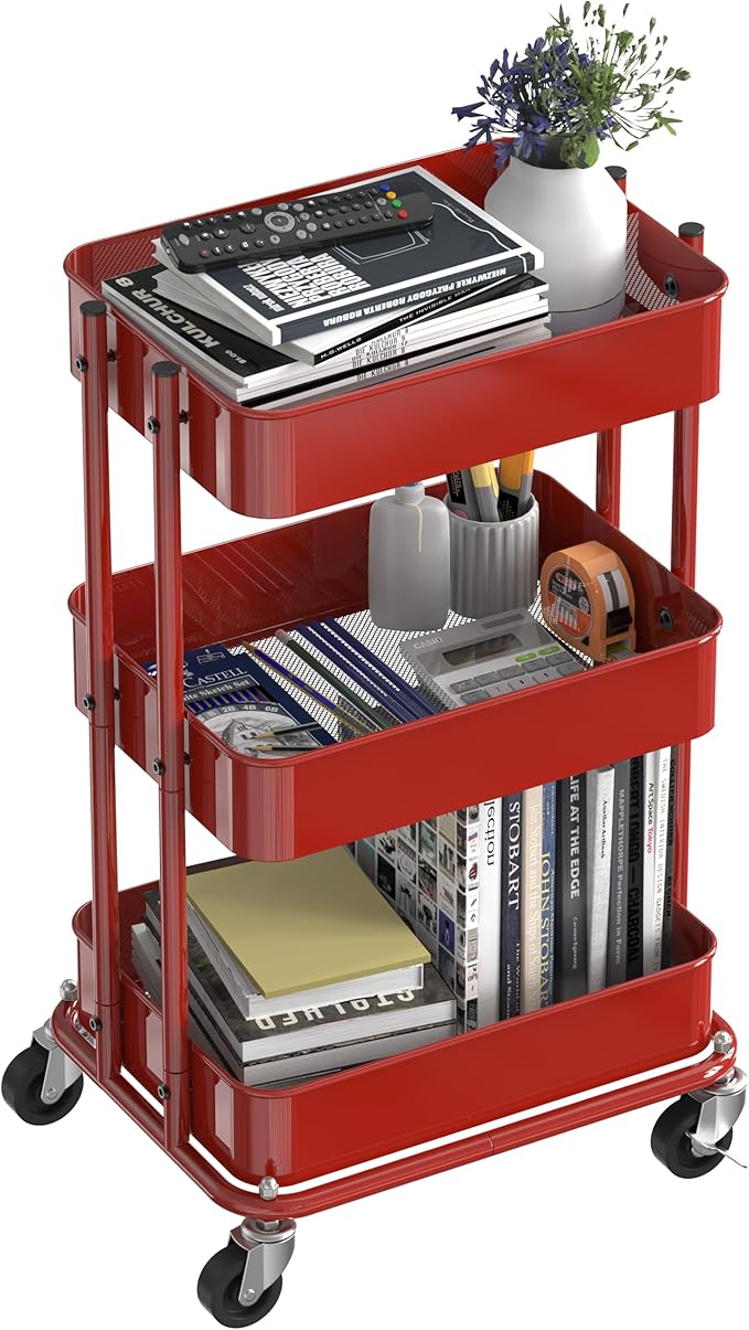Simple Houseware 3-Tier Compact Utility Rolling Cart, Low 24” Height Fits Under Desk, Space-Saving Storage for Home Office, Dining Room, or Kitchen, Red