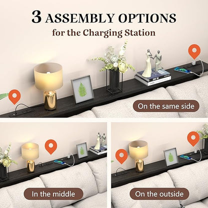GRLEAF 90" Sofa Table with Built-in Power Strip (4 AC Outlets & 4 USB Ports) – 4.9ft Power Cord, Metal Frame, Easy Assembly, Long Couch Table Behind Sofa, Living Room and Home Office | Black