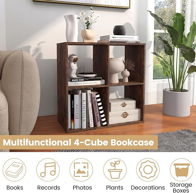 Giantex 4-Cube Bookcase, Cubby Bookshelf w/Back Guardrail & Anti-Tipping Kits, 6-Tier Freestanding Storage Organizer with Shelves, Open Back Display Rack for Living Room, Bedroom, Study