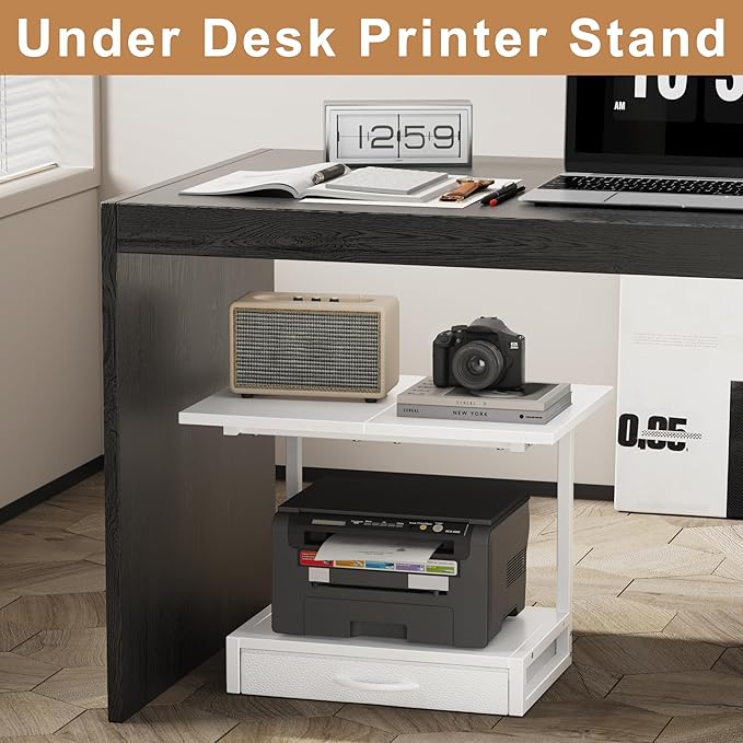YAOHUOO 2-Tier Desktop Printer Stand with Fabric Drawer, Prtiner Table with Storage Shelf, Desk Organizer for Home Office,3D Printer,Fax Machine,Scanner, 19.6"x14.9" White