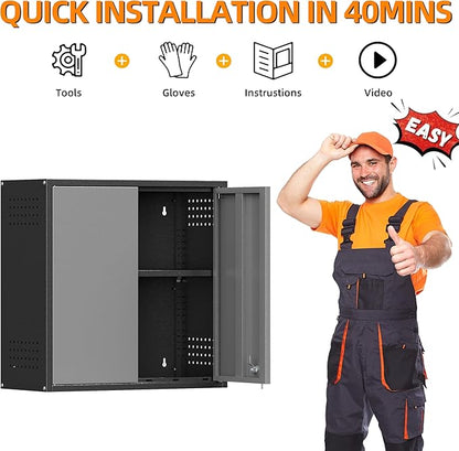 Garage Wall Cabinet, Metal Wall Cabinets with 2 Doors, Wall Cabinet with Lock, 26'' Gray Wall Mounted Floating Tool Cabinets for Home Office, Warehouse, Kitchen, Bathroom, Utility Room