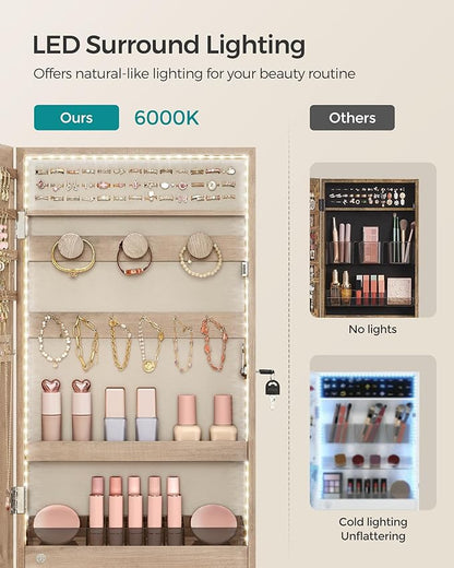 SONGMICS Mirror Jewelry Cabinet Armoire with Built-in LED Lights, Wall or Door Mounted Jewelry Storage Organizer, 3.8 x 14.6 x 26.4 Inches Hanging Mirror Cabinet, Gift Idea, Camel Brown UJJC050N01