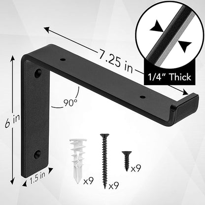 Heavy-Duty Shelf Brackets - Premium Construction Grade 1/4" (6mm) Thick Steel - Matte Black Iron Finish for Modern Farmhouse Rustic Open Shelving w/ Hardware, 4-Pack - (L Bracket w/ Lip, 7.25" x 6")
