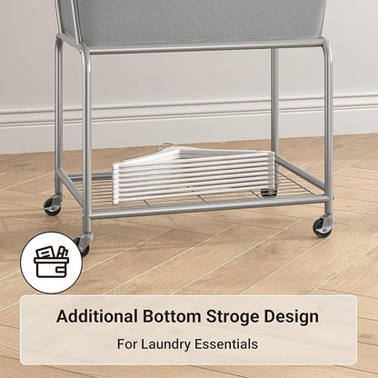 ELYKEN Rolling Laundry Hamper with Wheels, 32-Gallon (122L) Laundry Cart with Removable Bag, 2-Tier Clothes Basket Hamper with Shelf for Closet, Bedroom, Bathroom, Laundry Room, Gray