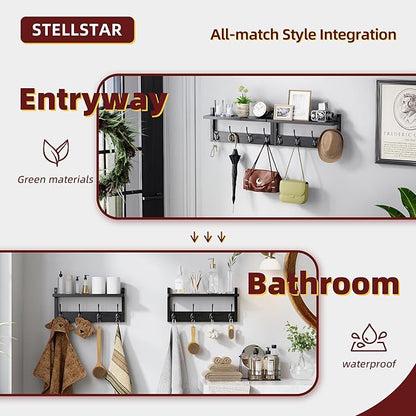 Coat Rack with Shelf, 2 Pack Bamboo Wall-Mounted Coat Hanger with 8 Hooks for Entryway, Hallway, Kitchen, Bathroom, Living Room, Utility Room (Black)