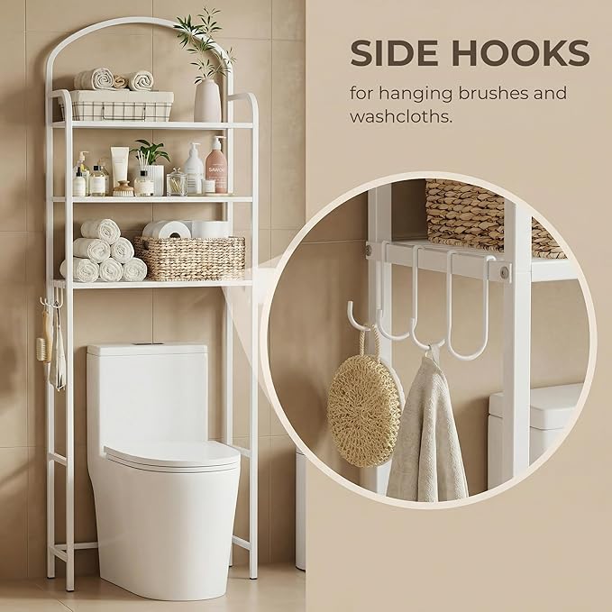 3-Tier Over The Toilet Storage, Bathroom Organizer, Space-Saving, Above Toilet Storage Rack with 4 Hooks and Paper Holder, Metal Shelf, White