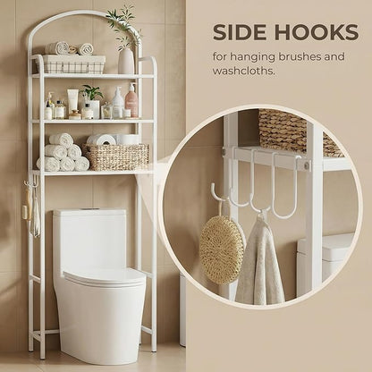 3-Tier Over The Toilet Storage, Bathroom Organizer, Space-Saving, Above Toilet Storage Rack with 4 Hooks and Paper Holder, Metal Shelf, White