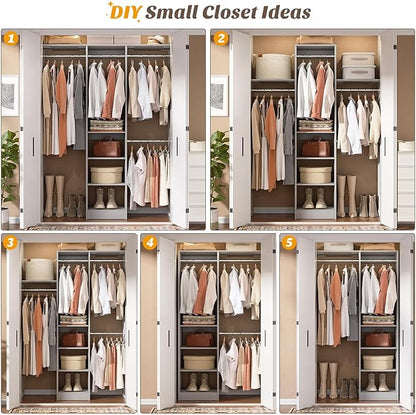 Cyclysio 4FT Small Closet System, 80"H Closet Organizer System with 4 Closets Rods & 3 Shelves, 48" Closets Organizers and Storage for Small Bedrooms, Laundry Rooms, Cloakrooms, Grey