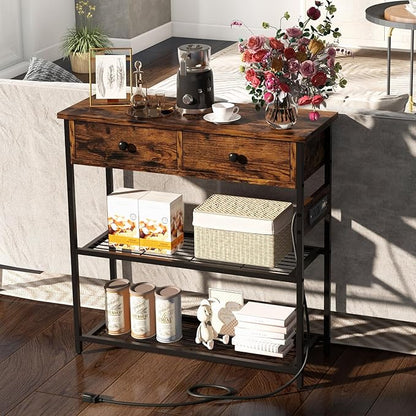 GOFLAME Console Table with Power Outlet, Narrow Entry Table with Drawers, 2 AC Outlets & 2 USB Ports, Sofa Table for Living Room Behind Couch, Living Room, Foyer, Brown