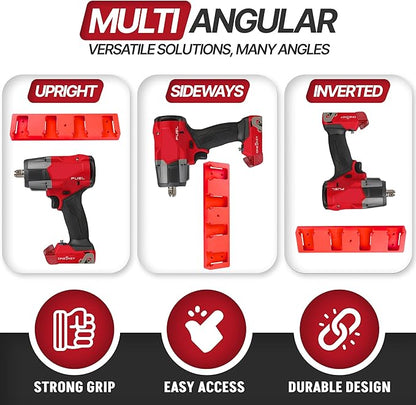 PERCH 4 Pack Milwaukee Tool Holder with 4 Pack Milwaukee Battery Holder for Milwaukee 18v Tools and Milwaukee 18v Battery