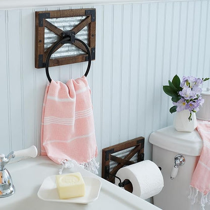 Autumn Alley Farmhouse Toilet Paper Holder with Bracket - Farmhouse Bathroom Rustic Country Decor - Rustic Bathroom Accessories Featuring Warm Brown Wood, Galvanized Metal, and Black Metal