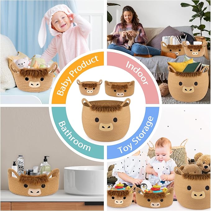 3Pack Highland Cute Cow Storage Baskets Set for Nursery- Small, Oval, Large Woven Gift Basket, Rope Cotton Bins with Handles, Baby Laundry 0rganizer Shower Towel Blanket Clothes (9/12/15In)
