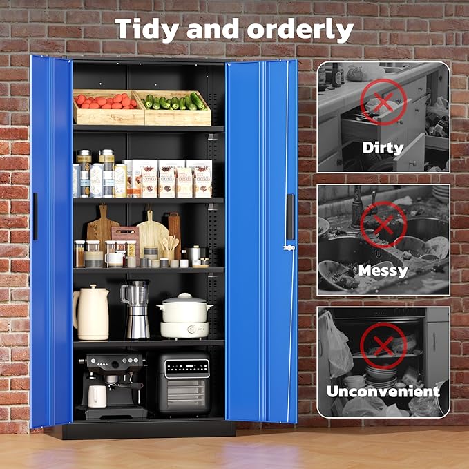 Greenvelly Metal Lockable Storage Cabinet, 72” Storage Cabinet with 2 Doors and 4 Adjustable Shelves for Office, Home, Garage, Pantry (Assembly Required, Black Blue)