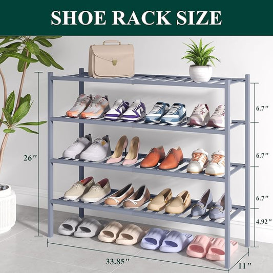 Smiry Bamboo Shoe Rack for Closet, 4 Tier Long Wooden Stackable Shoe Organizer, Free Standing Shoes Storage Shelf for Entryway, Front Door Entrance, Grey
