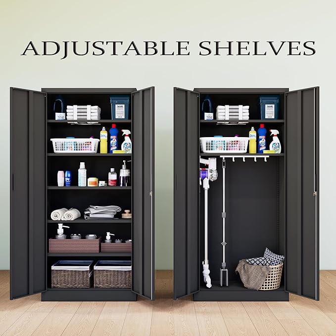 CMY Metal Storage Cabinet, 71" H Locking Cabinet with 5 Adjustable Shelves, Garage Cabinets for Office, Home, Pantry-Black