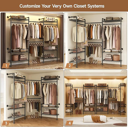 P3 Industrial Pipe Closet System, Wall Mounted Garment Racks with 4 Telescopic Rods & 6 Mesh Shelves, Heavy Duty Clothing Clothes Rack for Walk-in Closets (Black)