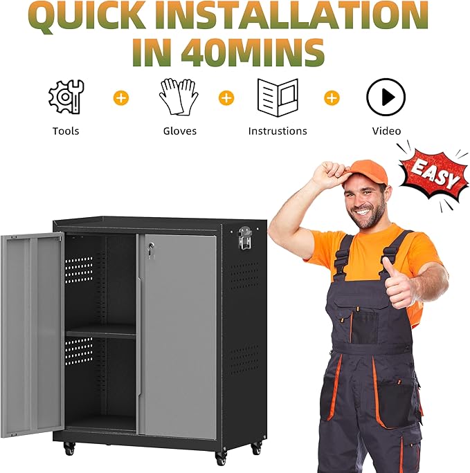 Garage Storage Cabinet with Wheels, Metal Storage Cabinets for Hanging Tools, Rolling Tool Cabinet, 34''H Heavy Duty & Rust Resistant Storage Cabinet for Garage, Warehouse, Office