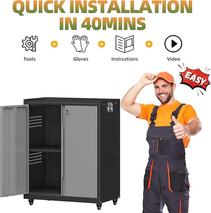 Garage Storage Cabinet with Wheels, Metal Storage Cabinets for Hanging Tools, Rolling Tool Cabinet, 34''H Heavy Duty & Rust Resistant Storage Cabinet for Garage, Warehouse, Office