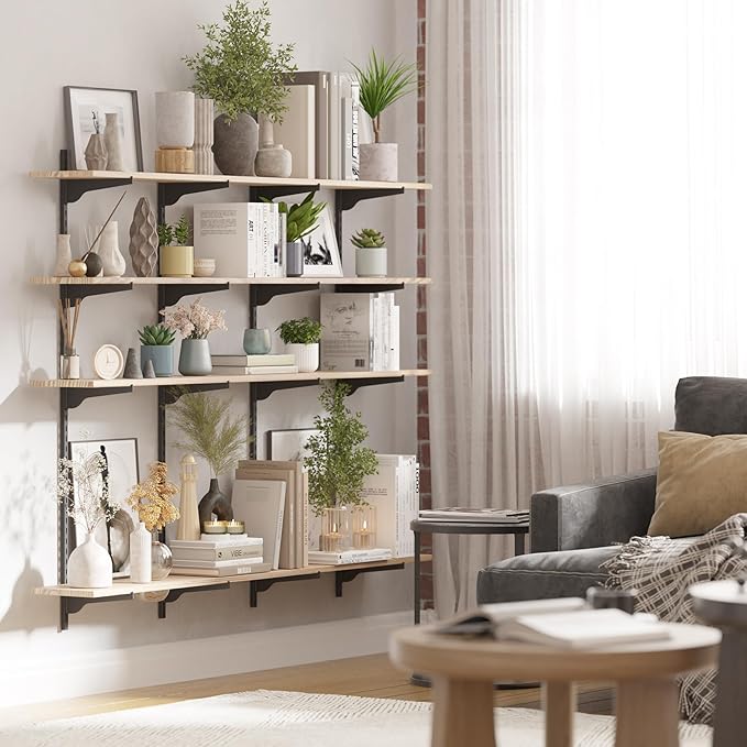 Wallniture Turin 60" Long Wall Bookshelf, Floating Shelves for Bookcase, Storage Shelves with Adjustable Standard Rail Bracket System, Burnt Finish
