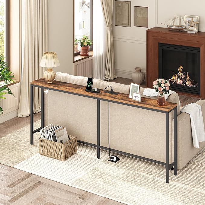 70.9'' Console Table with Power Outlet, Narrow Sofa Table with Charging Station, Skinny Behind Couch Table for Entryway, Hallway, Foyer, Living Room, Rustic Brown CTHR18E01Z1