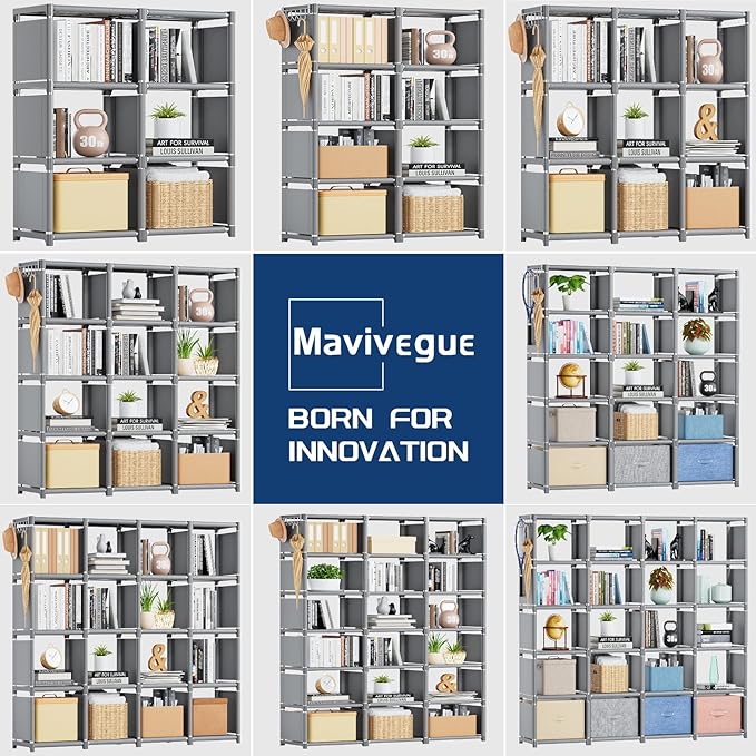 Mavivegue Book Shelf, 20 Cube Storage Organizer, DIY Bookcase, Metal Cube Bookshelf,Tall Book case for Bedroom, Living Room,Office,Closet Storage Organizer, Grey Cubicle Storage Rack