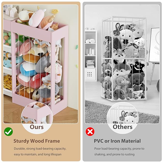 50.6" W Toy Organizers and Storage, 3-in-1 Kids Toy Storage Cabinet with Stuffed Animal Holder, 6 Plastic Removable Bins, Wooden Shelf for Girls Boys Playroom, Nursery, Kids Room(Pink)