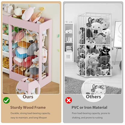 50.6" W Toy Organizers and Storage, 3-in-1 Kids Toy Storage Cabinet with Stuffed Animal Holder, 6 Plastic Removable Bins, Wooden Shelf for Girls Boys Playroom, Nursery, Kids Room(Pink)