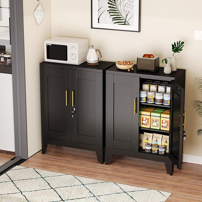Black Metal Pantry Cabinet with Lock(Two Units), Sideboard Buffet Storage Cabient with Doors and 2 Adjustable Shelves, Multifunctional Kitchen Cupboard for Home Office, Buffet Table