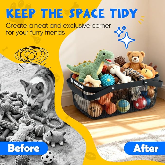 Metal Dog Toy Basket: Pet Toy Box Storage Bin for Living Room Area, Mesh Design and Sturdy 16 (L) x 9.5 (W) x 7 (H) inches