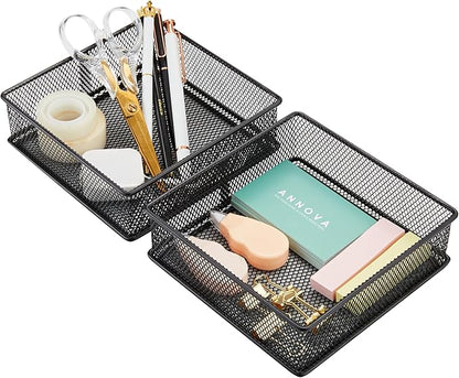 Annova Mesh Stackable Drawer Cabinet and Shelf Organizer Bins Storage Basket School Office Supply Holder Tray- Set of 2 (Black, 6x6x2 Inch)