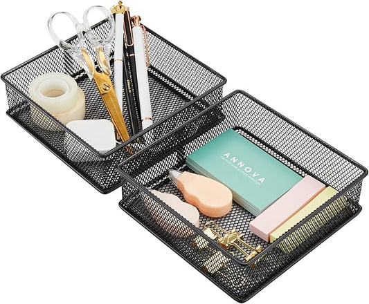 Annova Mesh Stackable Drawer Cabinet and Shelf Organizer Bins Storage Basket School Office Supply Holder Tray- Set of 2 (Black, 6x6x2 Inch)