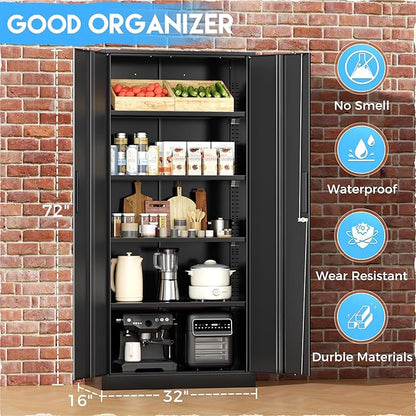 Greenvelly Storage Cabinet, 72” Black Garage Steel Locking Cabinet with Doors and 4 Adjustable Shelves, Tall Lockable File &Tool Cabinet for Home Office, Metal Classroom Cabinet Basement