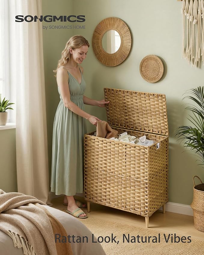 SONGMICS 3-Section Laundry Hamper with Lid, 42.2 Gal (160L) PE Rattan Laundry Basket with Removable Washable Liners, for Bedroom & Living Room, Goose Yellow ULCB223YE01