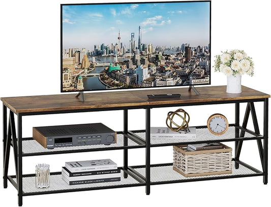TV Stand for TVs up to 65 Inch, 55" Long Industrial TV Console Table with 3-Tier Storage Shelves, Entertainment Center for Living Room, Bedroom (Brown)
